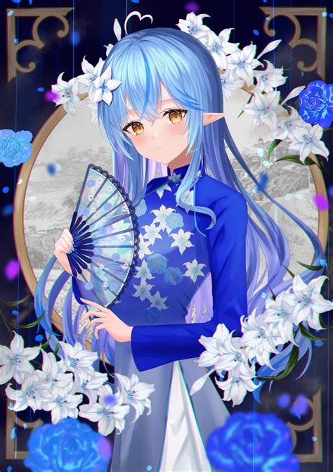 Safebooru 1girl Absurdres Ahoge Aki Uzuki3 Blue Dress Blue Flower