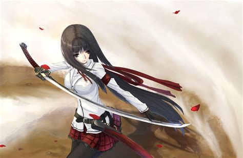 Image Girl Female Anime Black Eyes Black Hair Gloves Katana Kikivi