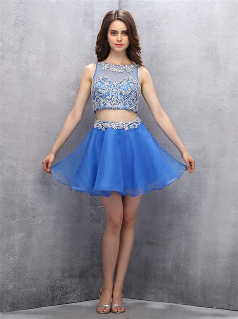 Two Piece Scoop Short Royal Blue Organza Open Back Homecoming Dress