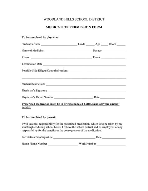 Woodland Hills School District Medication Permission Form