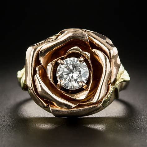 Tri Color Gold Diamond Rose Ring By Jones And Woodland Vintage Jewelry