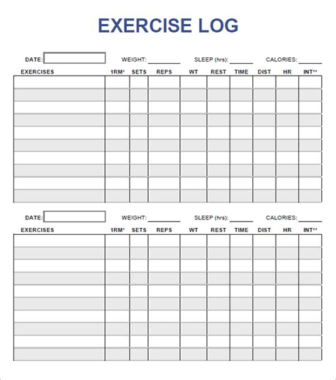 Fitness Workout Fitness Workout Log Template