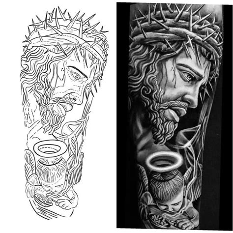 Realistic Black And Gray Tattoo With Stencil Half Sleeve Tattoo