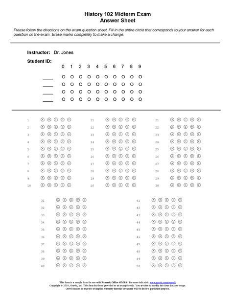 Printable Exam Answer Sheet