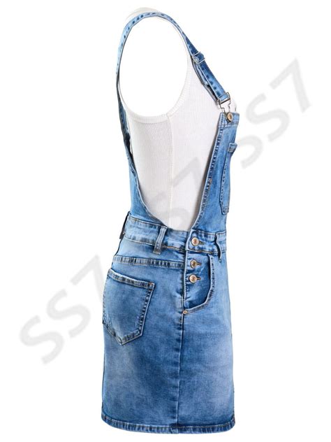 New Womens Denim Dungaree Skirt Jean Pinafore Dress Blue Sizes 8 10 12