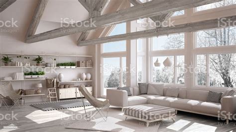 Living Room Of Luxury Eco House Parquet Floor And Wooden Roof Trusses