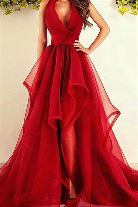 Elegant Red Organza Long A Line Ruffles Prom Dress Homecoming Dress