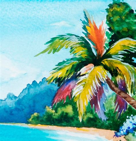 Watercolor Hawaii Wall Art Painting Beach Palm Trees Etsy