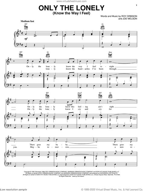 Orbison Only The Lonely Know The Way I Feel Sheet Music For Voice