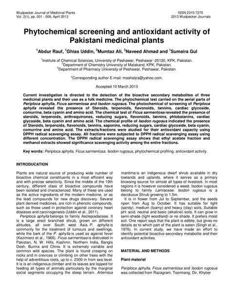 Antimalarial activity toxicity phytochemical screening medicinal plants. (PDF) Phytochemical screening and antioxidant activity of ...