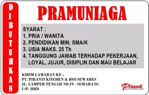 Menampilkan 1 sampai 9 dari 198 lowongan. (Lowongan Kerja) Dibutuhkan Crew Store/Pramuniaga di PIRANTI - Semarang (Wawancara Langsung/Walk ...