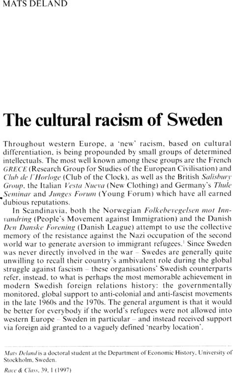 The Cultural Racism Of Sweden Mats Deland 1997