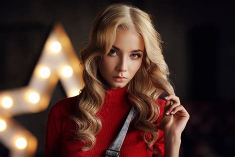 Women Blonde Portrait Overalls Dmitry Arhar Red Sweater Katerina