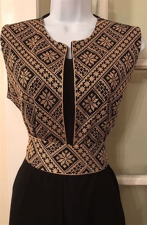 Long Black Sleeveless Kimono Vest With Gold Palestinian Embroidery Discounted Last One Left