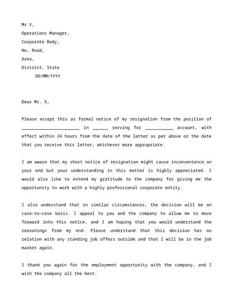 Doc Resignation Letter 24 Hour Notice Template Dokumentips