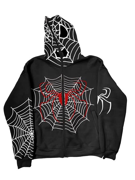 Y2k Full Zip Up Hoodie For Women Oversized Spider Web Print Hooded