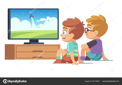 Kids Watch Tv Children Movie Home Boy Girl Watches Tv Set Displaying Picture Screen Character