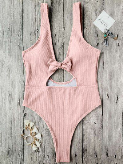 Bowknot Textured High Cut One Piece Swimsuit Pink One Pieces M Zaful