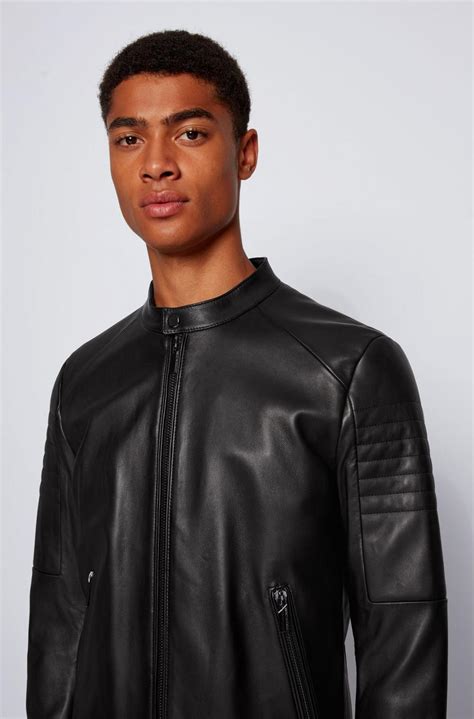 Boss Regular Fit Leather Jacket With Stand Collar Black Mens Jackets