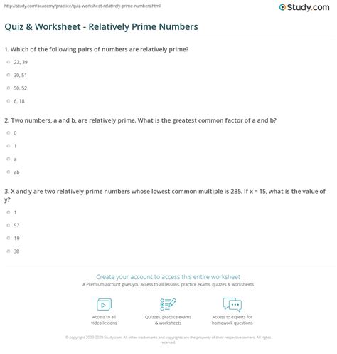 Quiz & Worksheet - Relatively Prime Numbers | Study.com