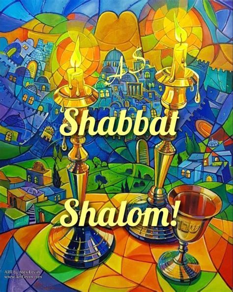 A Painting With The Words Shabbat Shaom On It And Two Candles In Front Of