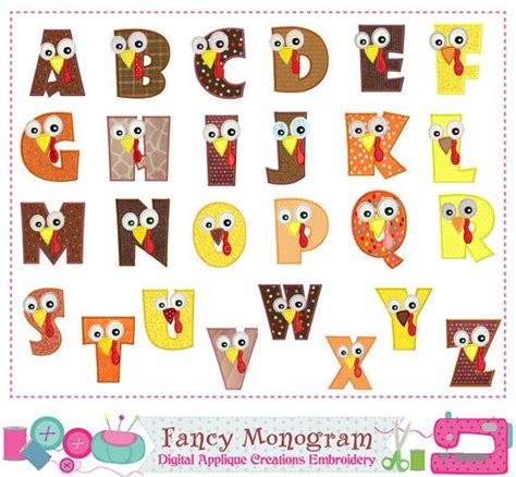 Turkey Alphabet Applique Thanksgiving Monograms Embroidery Alphabet