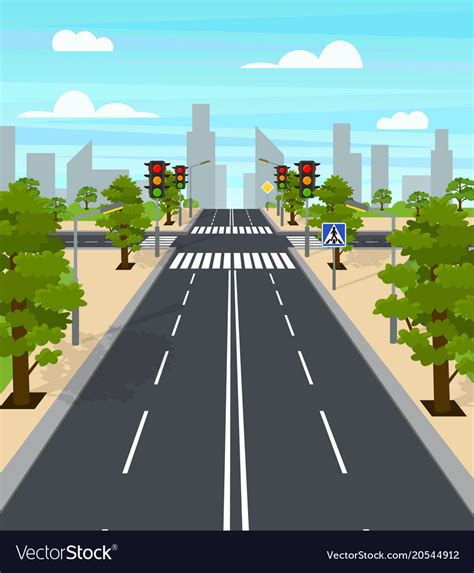 Cartoon City Crossroad Traffic Lights Card Poster Vector Image