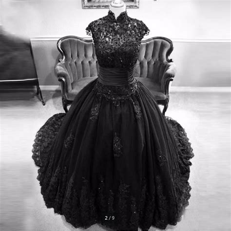 High Neck Cap Sleeve Black Wedding Dresses Lace Appliques Sequins Ball