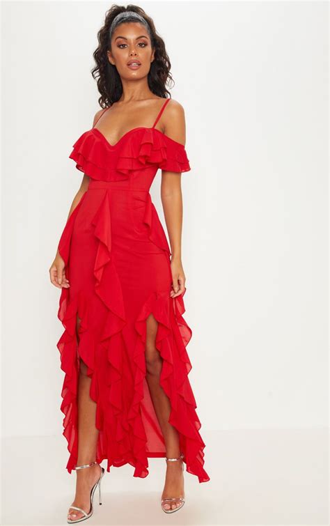 Red Cold Shoulder Ruffle Detail Maxi Dress Maxi Dress Red Dress Dress Clothes For Women