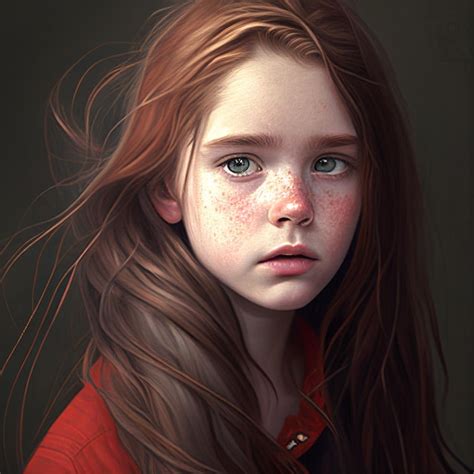 Una pintura de una niña con pecas y cabello rojo Foto Premium