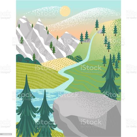 Mountain And River Vector Landscape Flat Cartoon Stock Illustration