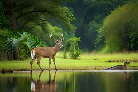 A Deer And An Alligator Standing In A Pond Ai Generated 32263022 Stock