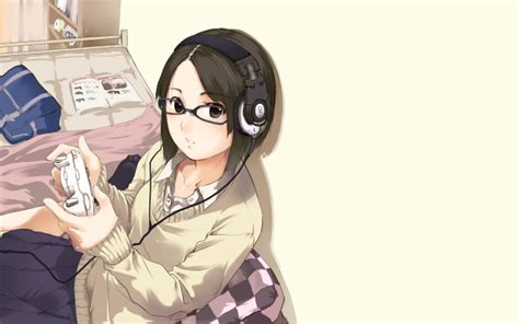 Wallpaper Anime Girl Headphones Short Hair Playing