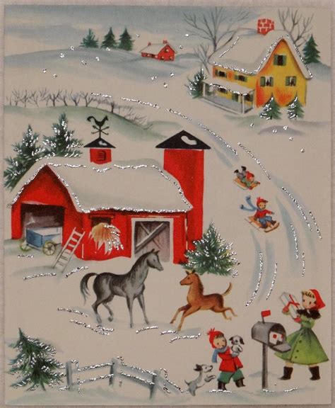 50s Glittered Farm Barnyard Vintage Christmas Greeting Card Christmas