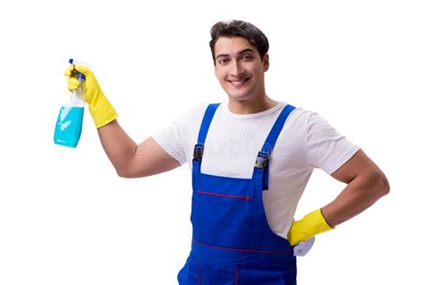 The Man With Cleaning Agents Isolated On White Background Stock Image