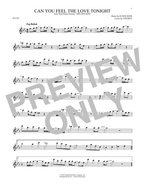 Can You Feel The Love Tonight Sheet Music By Elton John Flute 165686