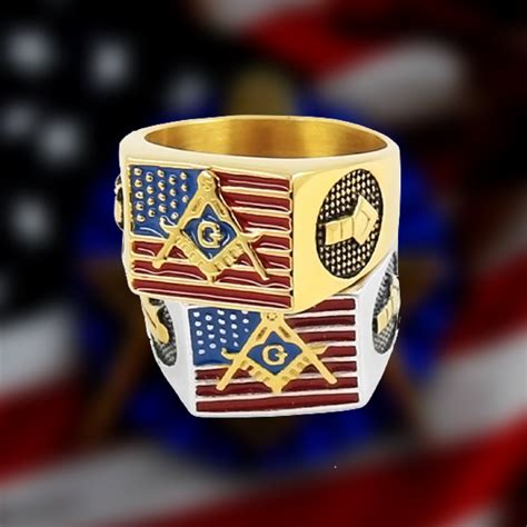 Masonic Ring With Us Flag And Masonic Sandc Symbold Gold Silver Masonic Ring Masonic Rings