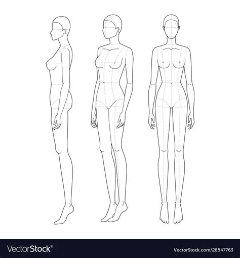 Fashion Template 9 Head For Technical Drawing With Main Lines Womans