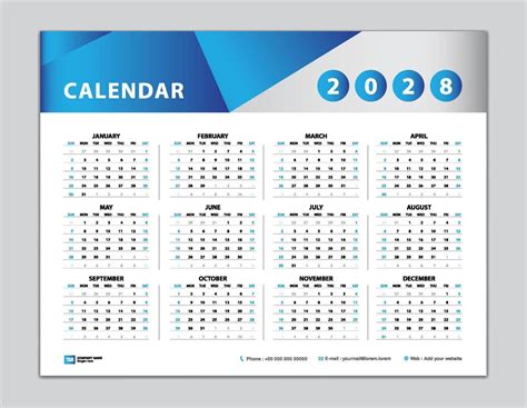 Plantilla De Calendario 2028 Diseño De Calendario De Escritorio 2028
