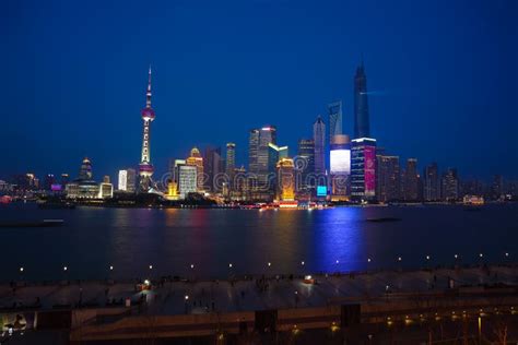 Aerial Photography At Shanghai Bund Skyline Of Night Scene Stock Photo