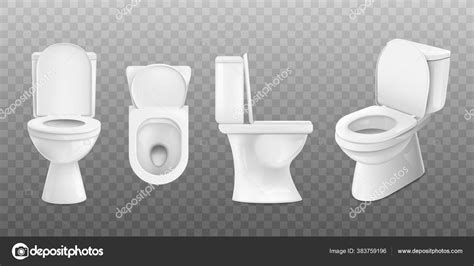 Realistic White Ceramic Toilet Set From Top Side And Front View Stock