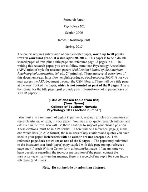 Research Paper Project Research Paper Psychology 101 Section 3006