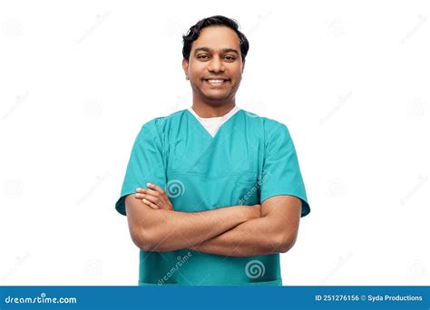 Happy Indian Doctor Or Male Nurse In Blue Uniform Stock Photo Image