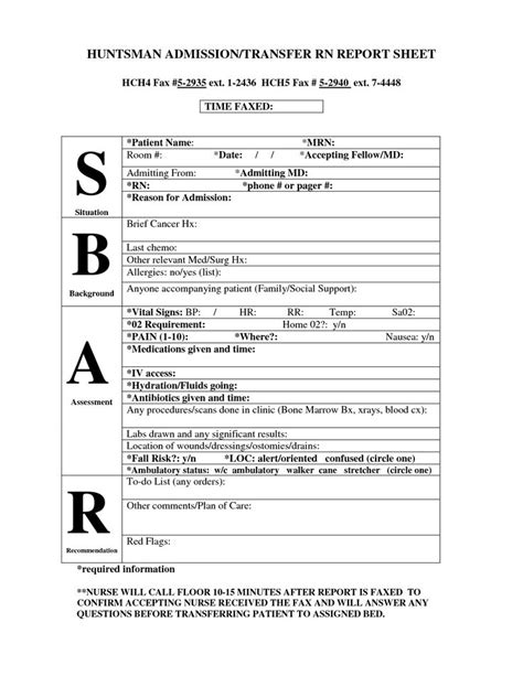 Med Surg Nursing Assessment Huntsman Sbar Report Sheet