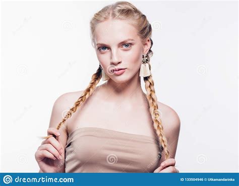 Woman With Pigtails Beauty Healthy Skin Isolated On White Blonde Stock