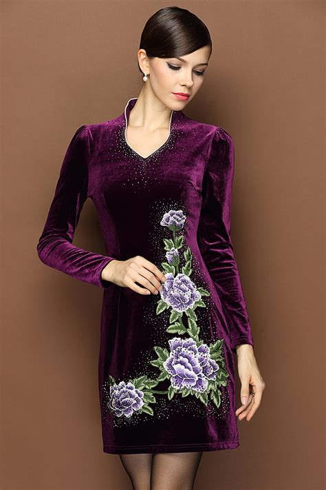 superlative embroidery velvet mandarin style dress purple qipao cheongsam and dresses women