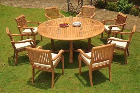 This alshain 9 piece dining set is the perfect match for every patio and will give your backyard the class and elegance for outdoor dining. GradeA Teak Wood Dining Set 8 Seater 9 Pc: 72 Round Dining ...