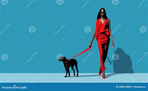 Stylish Illustration Of Naomi Campbell Walking Her Dog With Red Lips