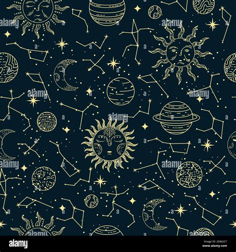 Vector Seamless Astrological Pattern With Planets Sun Moon Stars And