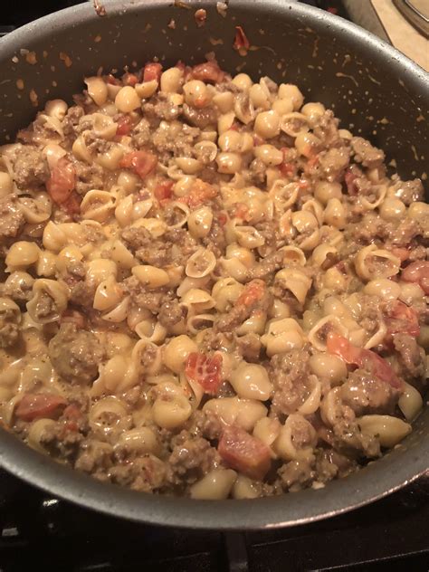Maybe you would like to learn more about one of these? 1lb ground beef, 1 box of velveeta shells and cheese, rotel tomatoes and green chiles, butter ...